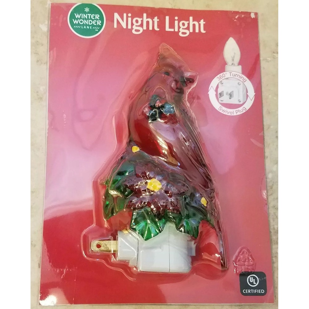 WinterWonderLane Red Cardinal Night Light w/ Light Bulb Xmas Poinsettia‎ NEW